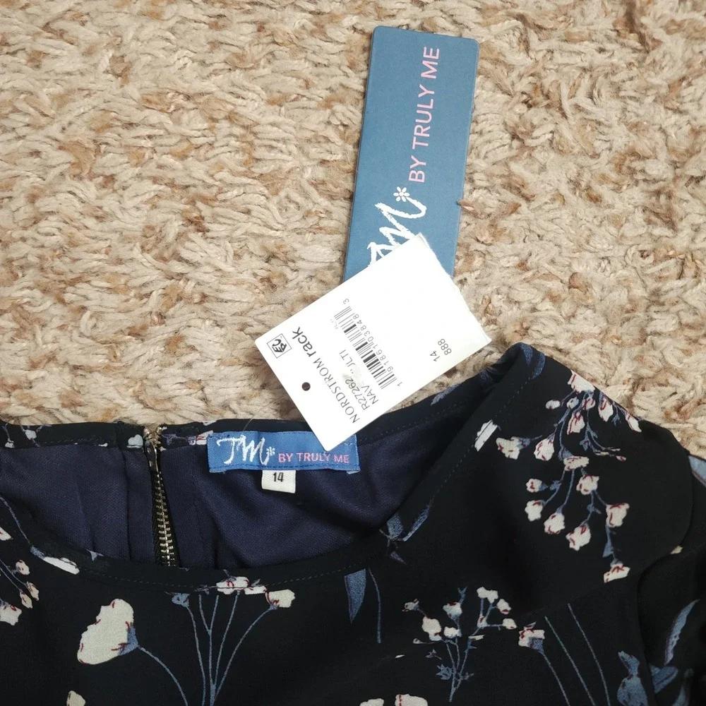 Truly Me Floral Chiffon Dress Girls 14 Navy Blue Ruffle Tiered Sleeve NWT
